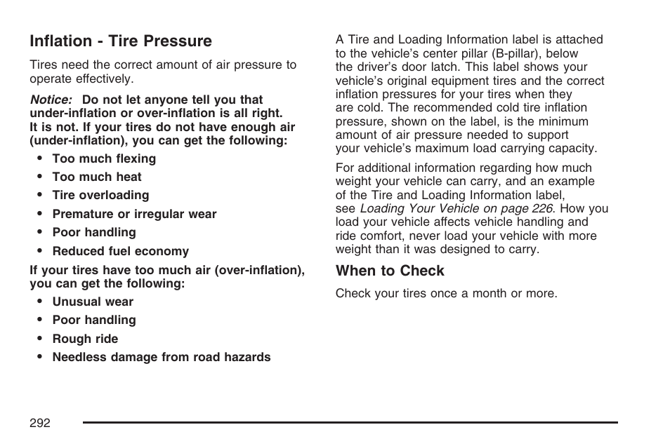 Inflation - tire pressure | Pontiac 2007 Solstice User Manual | Page 292 / 396