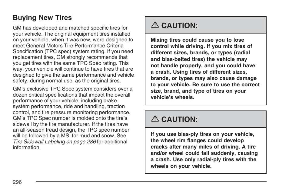 Buying new tires | Pontiac 2007 Solstice User Manual | Page 296 / 396