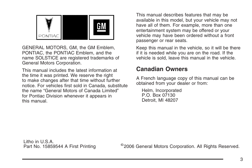 Canadian owners | Pontiac 2007 Solstice User Manual | Page 3 / 396