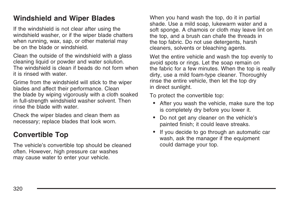 Windshield and wiper blades, Convertible top, Windshield and wiper blades convertible top | Pontiac 2007 Solstice User Manual | Page 320 / 396
