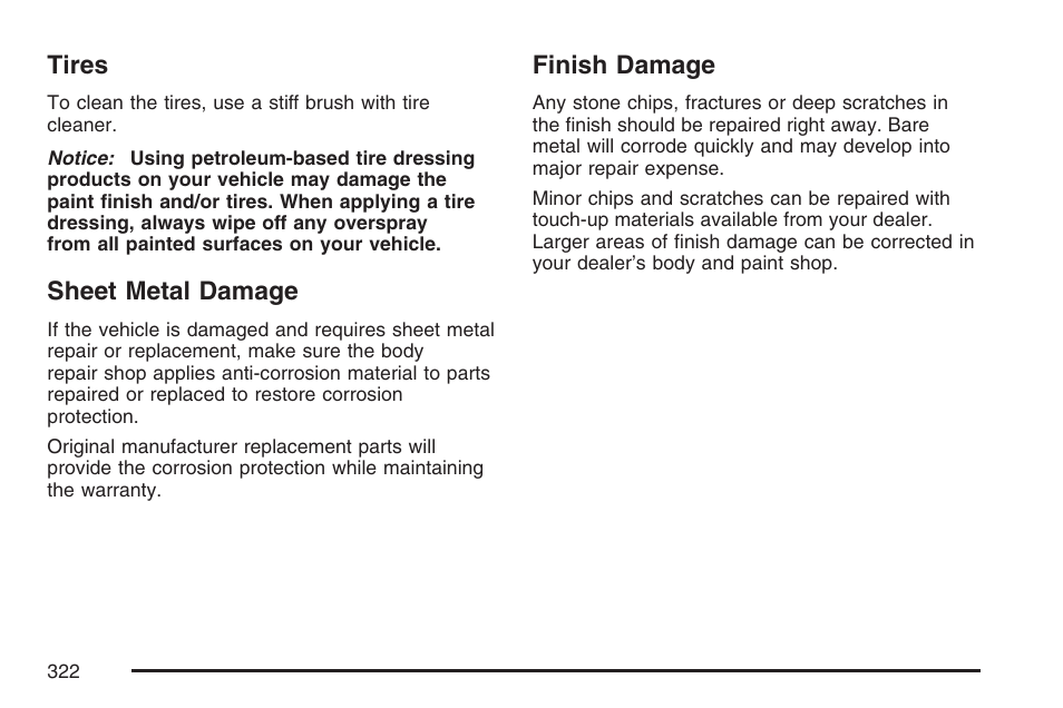 Tires, Sheet metal damage, Finish damage | Tires sheet metal damage finish damage | Pontiac 2007 Solstice User Manual | Page 322 / 396