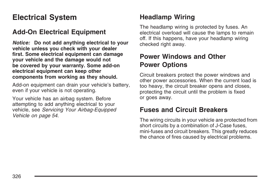 Electrical system, Add-on electrical equipment, Headlamp wiring | Power windows and other power options, Fuses and circuit breakers, Power options | Pontiac 2007 Solstice User Manual | Page 326 / 396