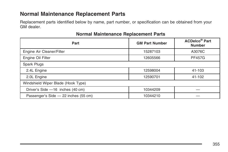 Normal maintenance replacement parts | Pontiac 2007 Solstice User Manual | Page 355 / 396