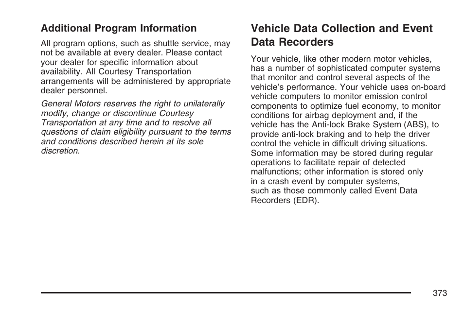 Vehicle data collection and event data recorders, Vehicle data collection and event, Data recorders | Pontiac 2007 Solstice User Manual | Page 373 / 396