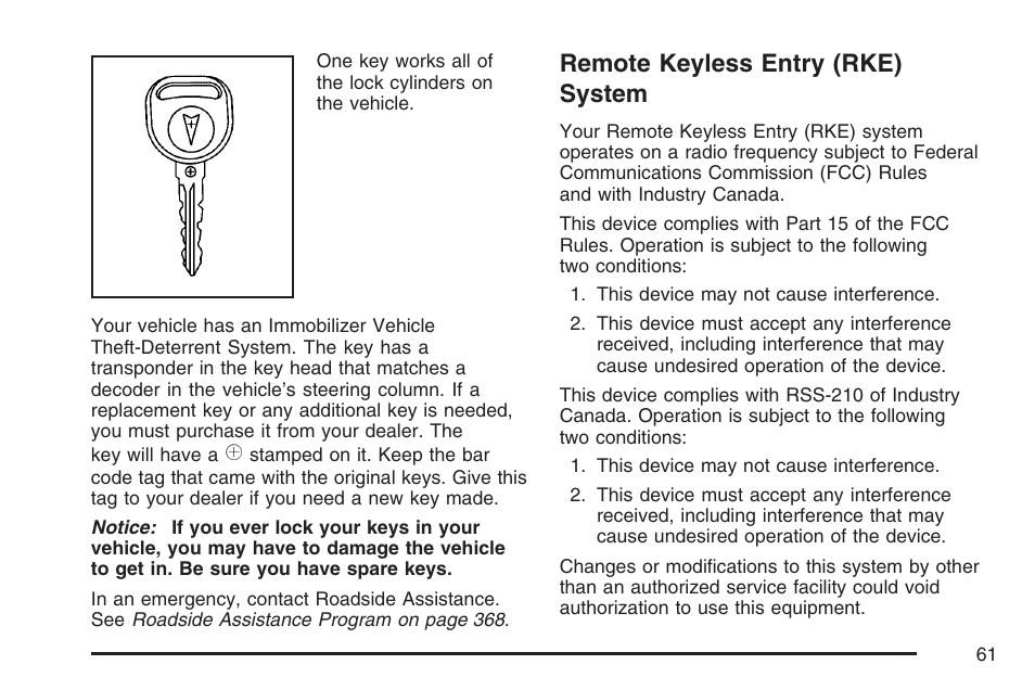 Remote keyless entry (rke) system | Pontiac 2007 Solstice User Manual | Page 61 / 396