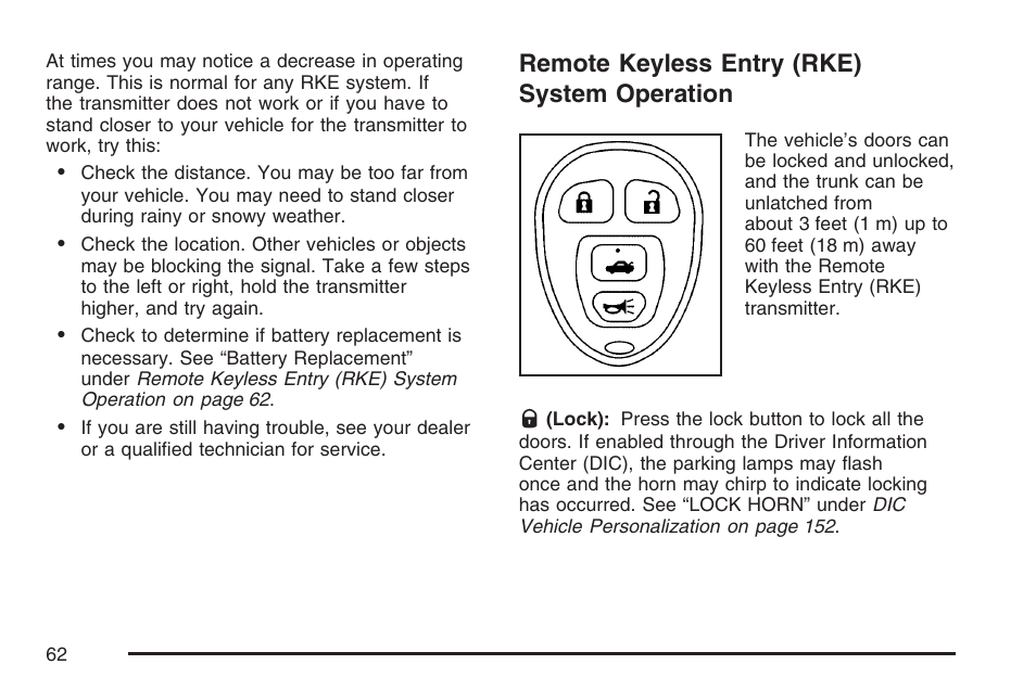 Remote keyless entry (rke) system operation, Remote keyless entry (rke) system, Operation | Pontiac 2007 Solstice User Manual | Page 62 / 396