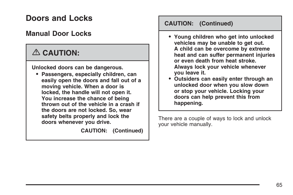 Doors and locks, Manual door locks, Caution | Pontiac 2007 Solstice User Manual | Page 65 / 396
