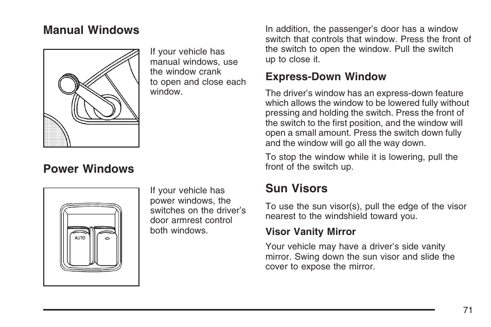 Manual windows, Power windows, Sun visors | Manual windows power windows sun visors | Pontiac 2007 Solstice User Manual | Page 71 / 396