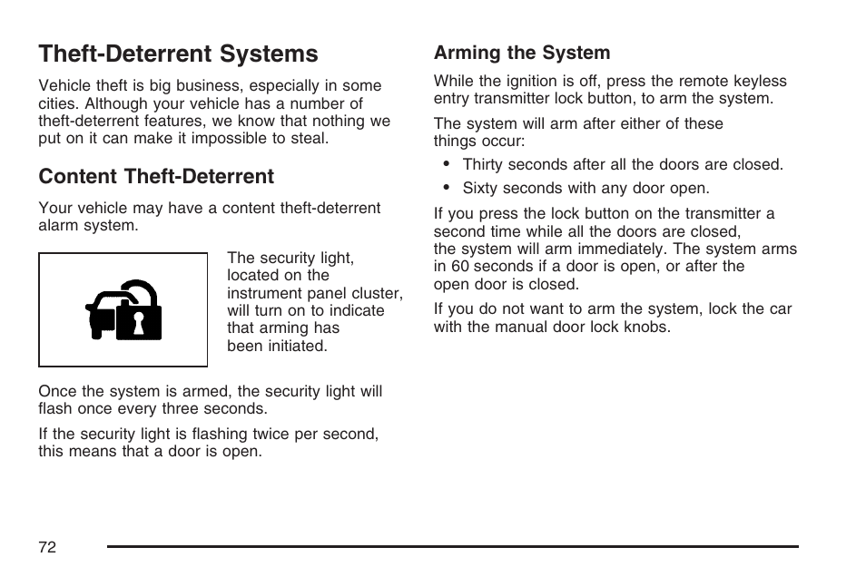 Theft-deterrent systems, Content theft-deterrent | Pontiac 2007 Solstice User Manual | Page 72 / 396