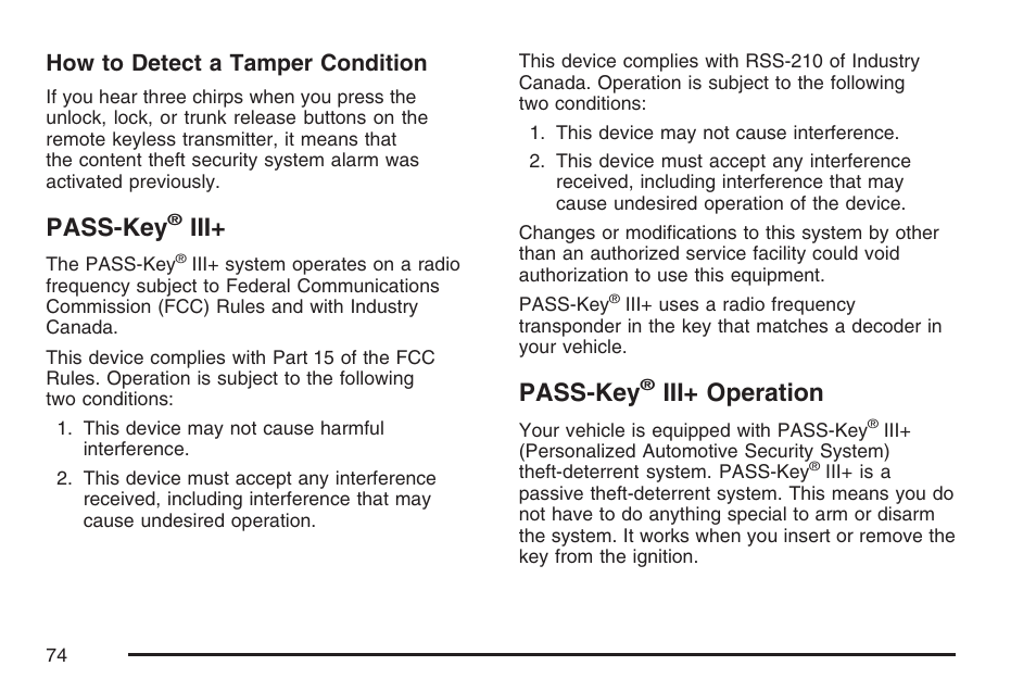Pass-key® iii, Pass-key® iii+ operation, Pass-key | Iii+ operation, How to detect a tamper condition | Pontiac 2007 Solstice User Manual | Page 74 / 396