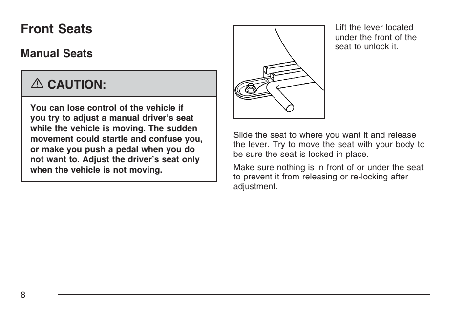 Front seats, Manual seats | Pontiac 2007 Solstice User Manual | Page 8 / 396