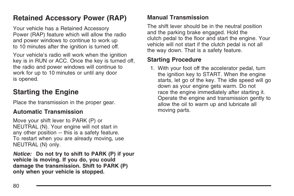 Retained accessory power (rap), Starting the engine | Pontiac 2007 Solstice User Manual | Page 80 / 396