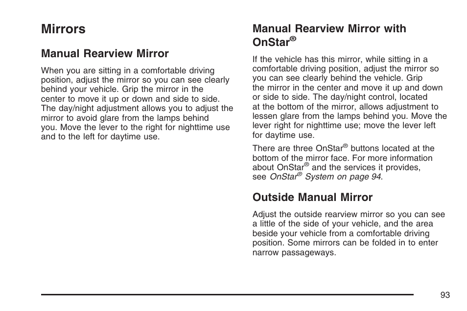 Mirrors, Manual rearview mirror, Manual rearview mirror with onstar | Outside manual mirror | Pontiac 2007 Solstice User Manual | Page 93 / 396