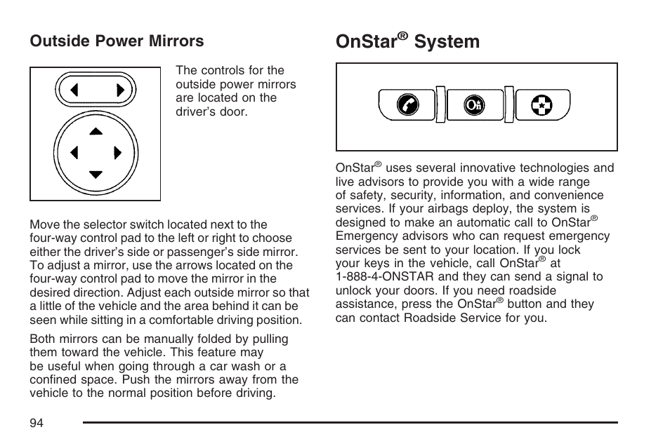 Outside power mirrors, Onstar® system, Onstar | System | Pontiac 2007 Solstice User Manual | Page 94 / 396