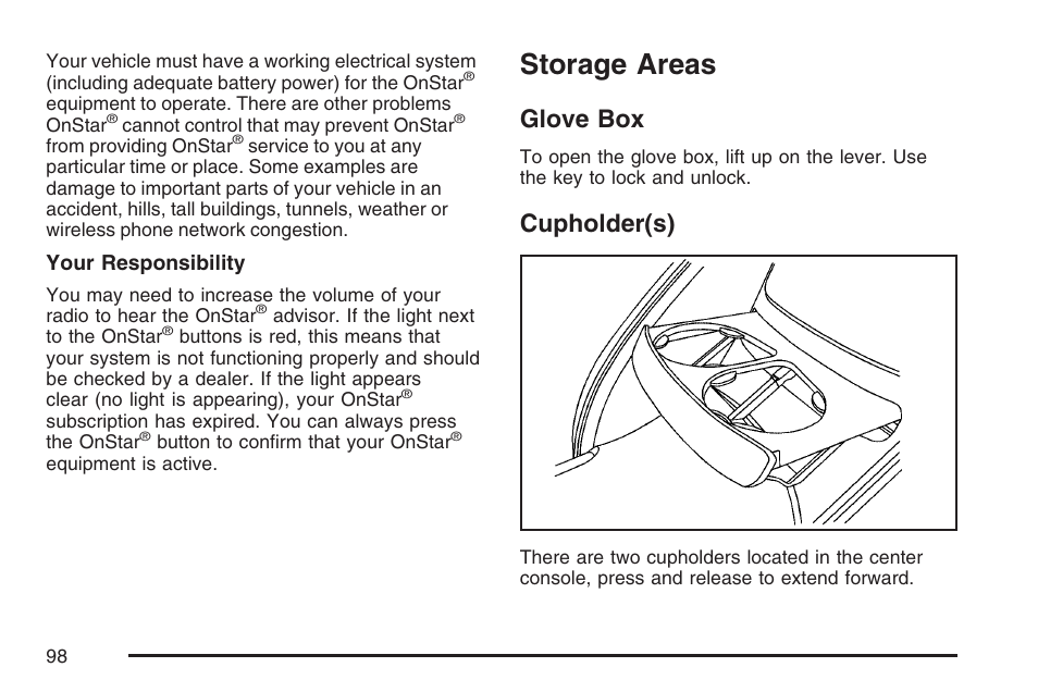 Storage areas, Glove box, Cupholder(s) | Glove box cupholder(s) | Pontiac 2007 Solstice User Manual | Page 98 / 396