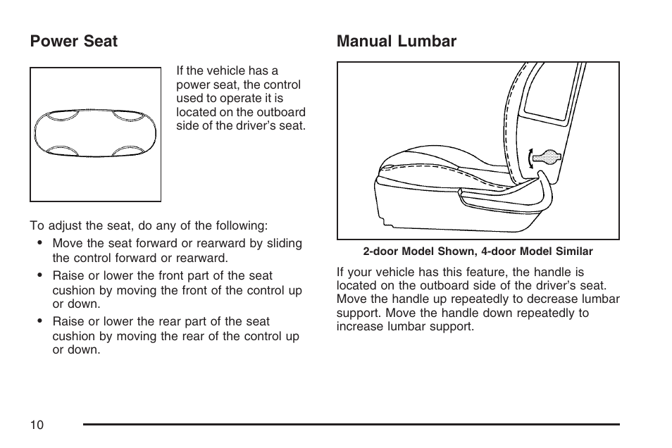 Power seat, Manual lumbar, Power seat manual lumbar | Pontiac 2007 G6 User Manual | Page 10 / 486