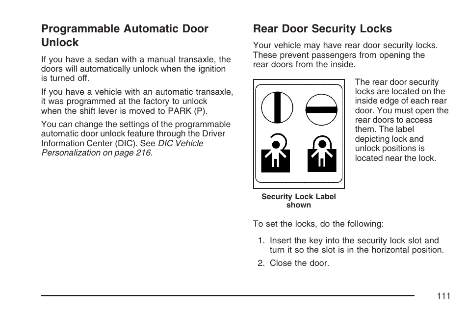 Programmable automatic door unlock, Rear door security locks | Pontiac 2007 G6 User Manual | Page 111 / 486
