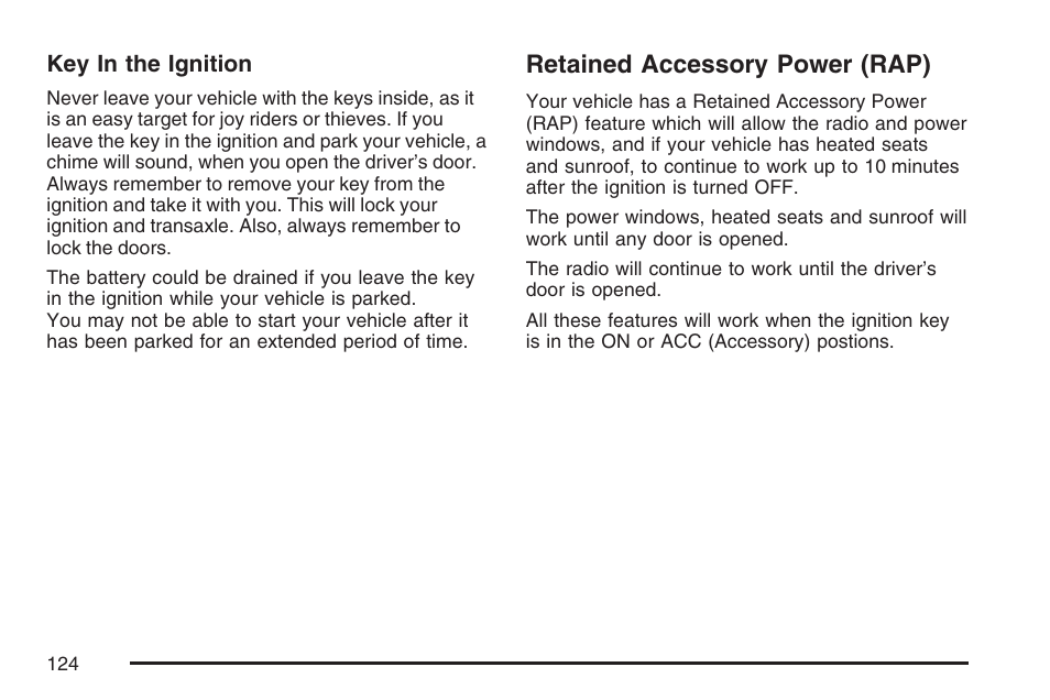 Retained accessory power (rap) | Pontiac 2007 G6 User Manual | Page 124 / 486