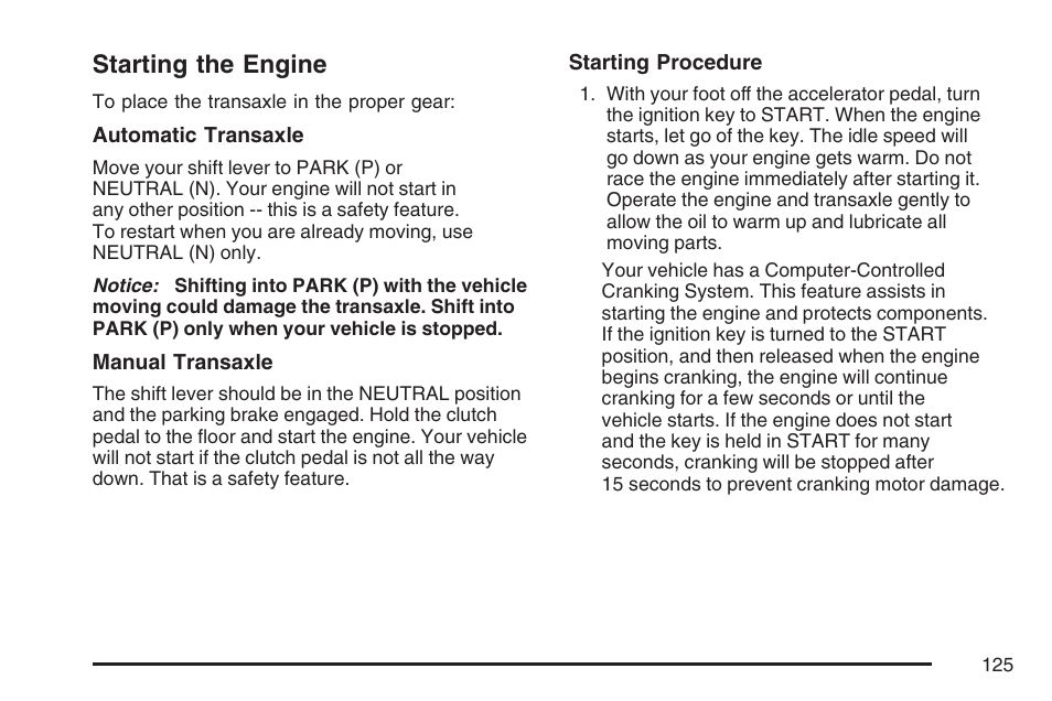 Starting the engine | Pontiac 2007 G6 User Manual | Page 125 / 486