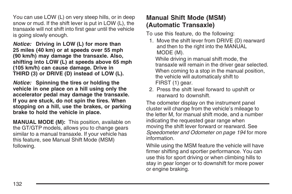 Manual shift mode (msm) (automatic transaxle) | Pontiac 2007 G6 User Manual | Page 132 / 486