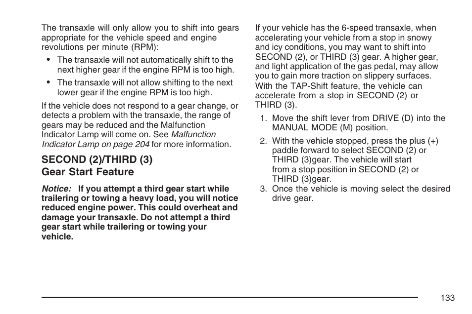Second (2)/third (3) gear start feature | Pontiac 2007 G6 User Manual | Page 133 / 486