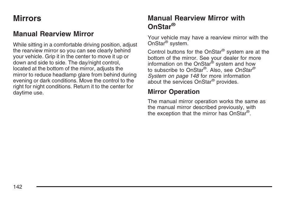 Mirrors, Manual rearview mirror, Manual rearview mirror with onstar | Mirror operation | Pontiac 2007 G6 User Manual | Page 142 / 486