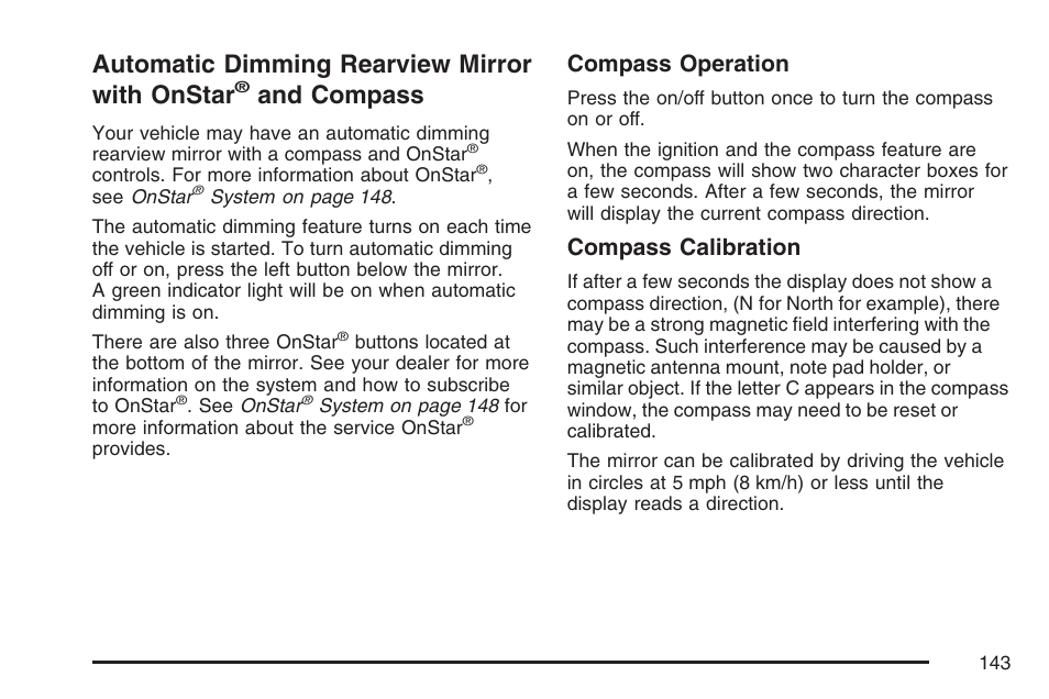Automatic dimming rearview mirror with, Onstar, And compass | Automatic dimming rearview mirror with onstar, Compass operation, Compass calibration | Pontiac 2007 G6 User Manual | Page 143 / 486