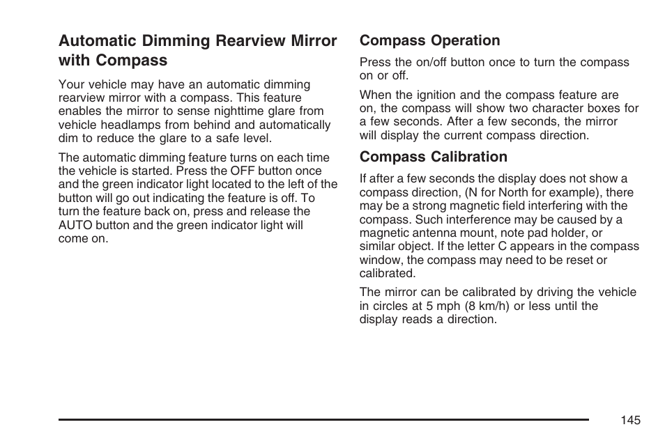 Automatic dimming rearview mirror with compass, Automatic dimming rearview mirror with, Compass | Pontiac 2007 G6 User Manual | Page 145 / 486