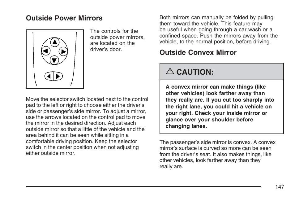 Outside power mirrors, Outside convex mirror, Outside power mirrors outside convex mirror | Caution | Pontiac 2007 G6 User Manual | Page 147 / 486