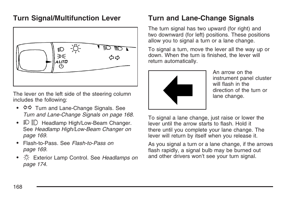Turn signal/multifunction lever, Turn and lane-change signals, Turn | Signal/multifunction lever | Pontiac 2007 G6 User Manual | Page 168 / 486