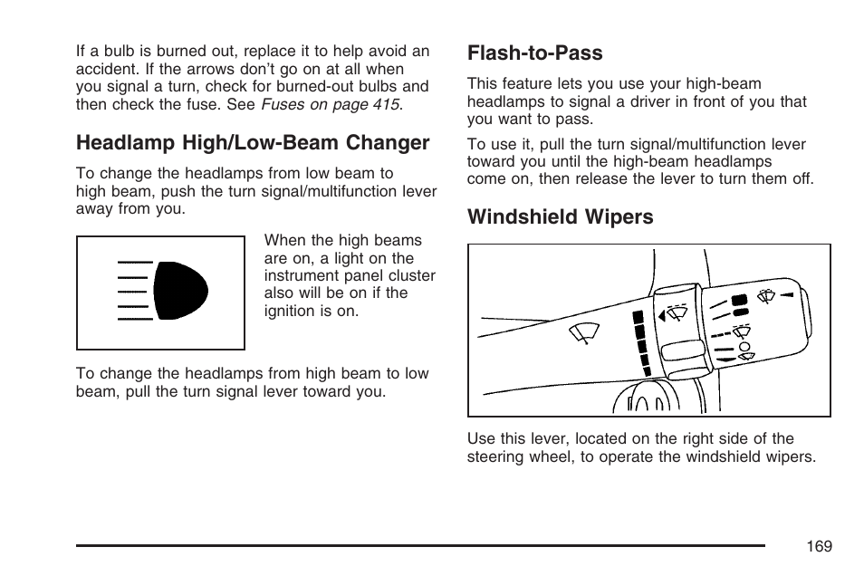 Headlamp high/low-beam changer, Flash-to-pass, Windshield wipers | Pontiac 2007 G6 User Manual | Page 169 / 486