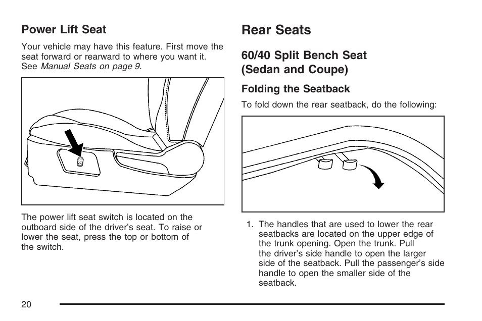 Power lift seat, Rear seats, 60/40 split bench seat (sedan and coupe) | 60/40 split bench seat, Sedan and coupe) | Pontiac 2007 G6 User Manual | Page 20 / 486