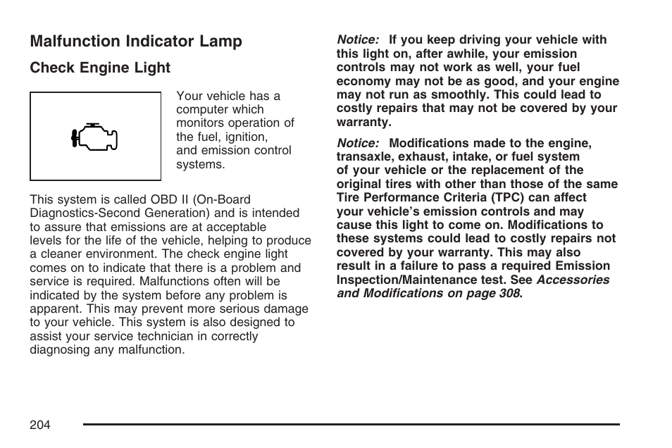 Malfunction indicator lamp | Pontiac 2007 G6 User Manual | Page 204 / 486