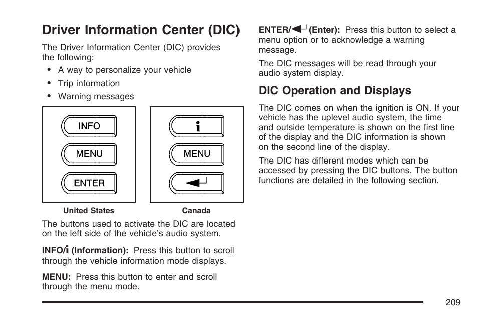 Driver information center (dic), Dic operation and displays | Pontiac 2007 G6 User Manual | Page 209 / 486