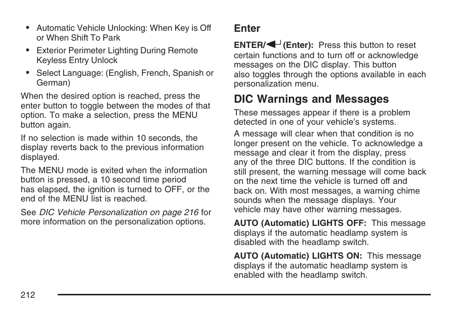 Dic warnings and messages | Pontiac 2007 G6 User Manual | Page 212 / 486