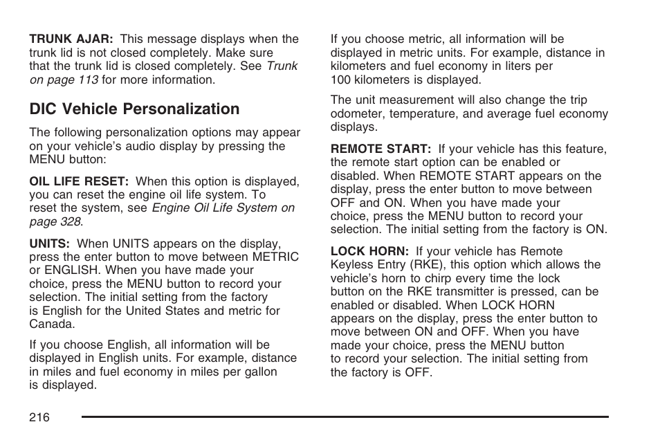 Dic vehicle personalization | Pontiac 2007 G6 User Manual | Page 216 / 486