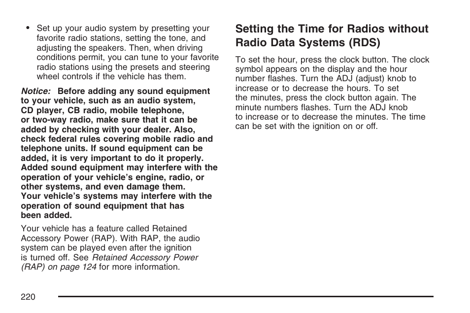 Setting the time for radios without radio, Data systems (rds) | Pontiac 2007 G6 User Manual | Page 220 / 486