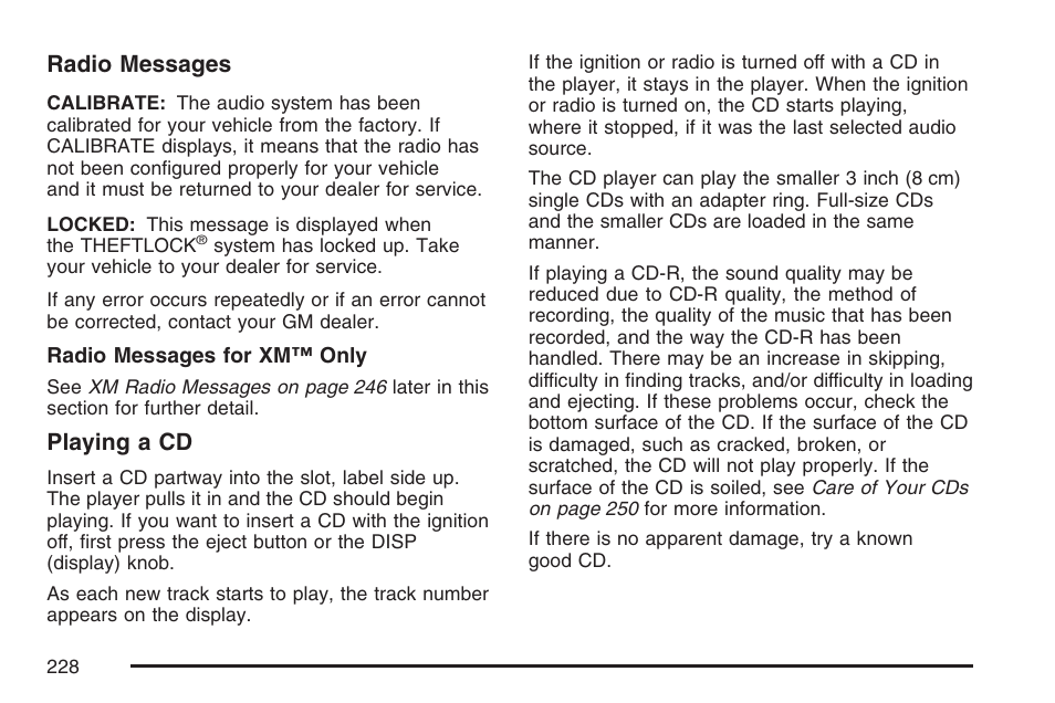 Radio messages, Playing a cd | Pontiac 2007 G6 User Manual | Page 228 / 486