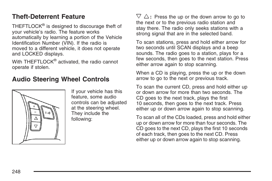 Theft-deterrent feature, Audio steering wheel controls | Pontiac 2007 G6 User Manual | Page 248 / 486