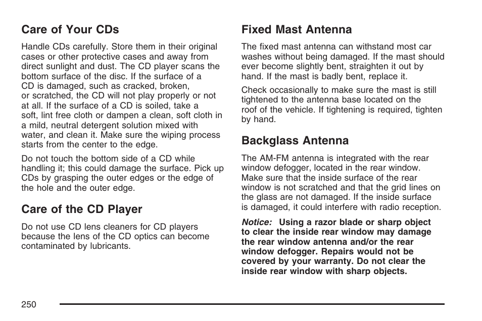 Care of your cds, Care of the cd player, Fixed mast antenna | Backglass antenna | Pontiac 2007 G6 User Manual | Page 250 / 486