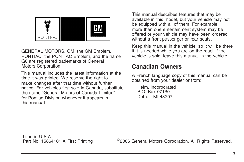 Canadian owners | Pontiac 2007 G6 User Manual | Page 3 / 486