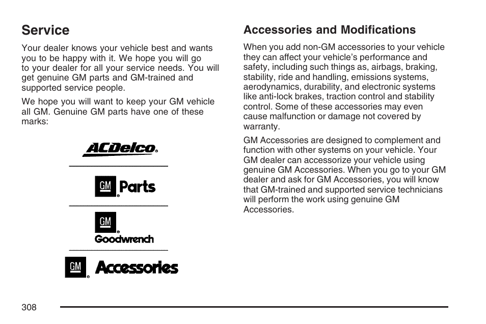 Service, Accessories and modifications | Pontiac 2007 G6 User Manual | Page 308 / 486