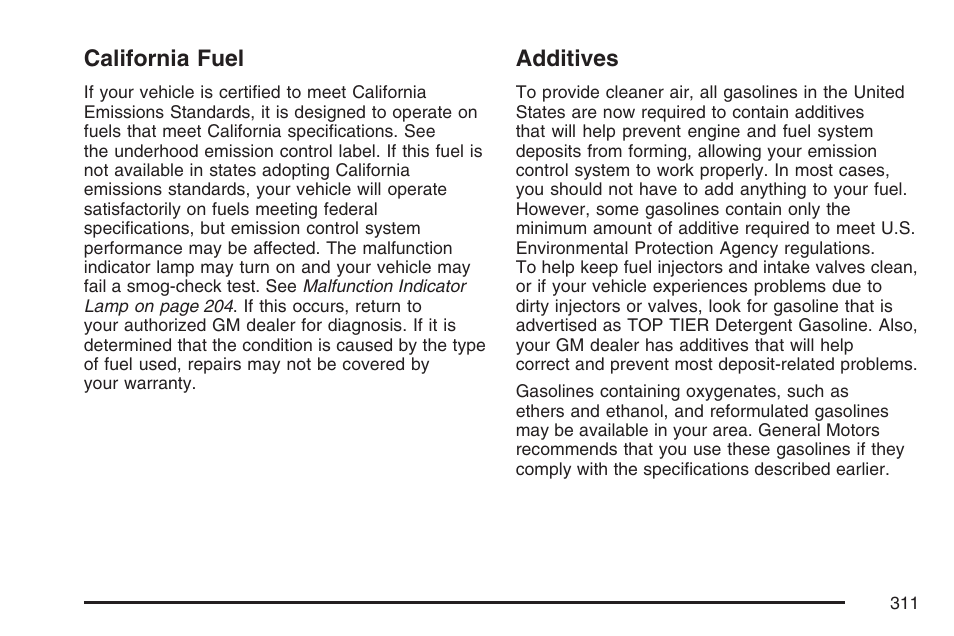 California fuel, Additives, California fuel additives | Pontiac 2007 G6 User Manual | Page 311 / 486