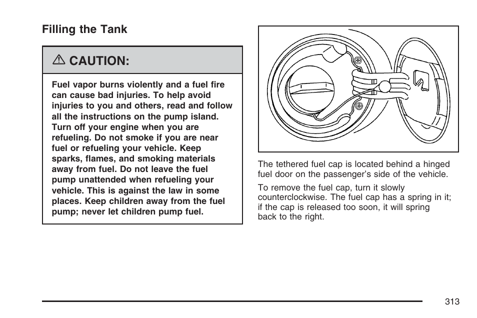 Filling the tank, Caution | Pontiac 2007 G6 User Manual | Page 313 / 486
