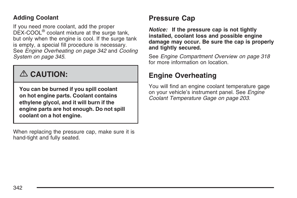 Pressure cap, Engine overheating, Pressure cap engine overheating | Caution | Pontiac 2007 G6 User Manual | Page 342 / 486