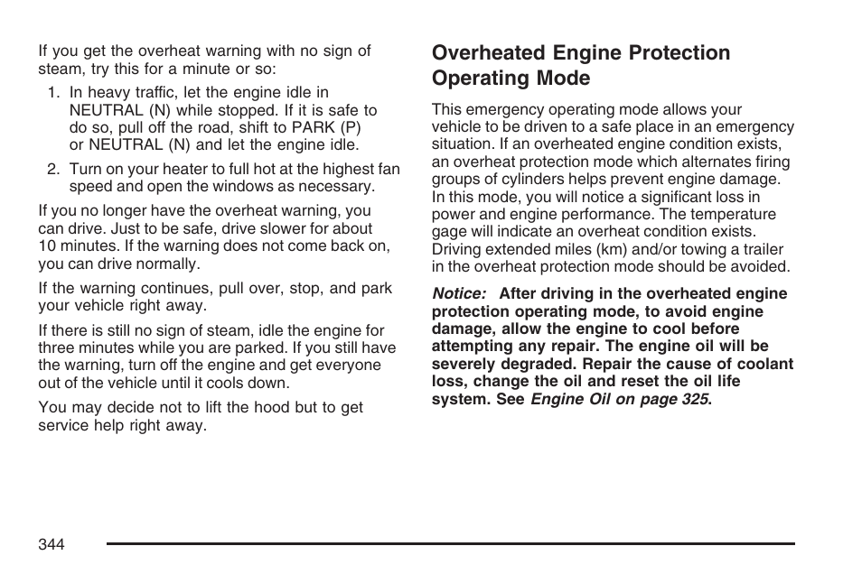 Overheated engine protection operating mode, Overheated engine protection, Operating mode | Pontiac 2007 G6 User Manual | Page 344 / 486