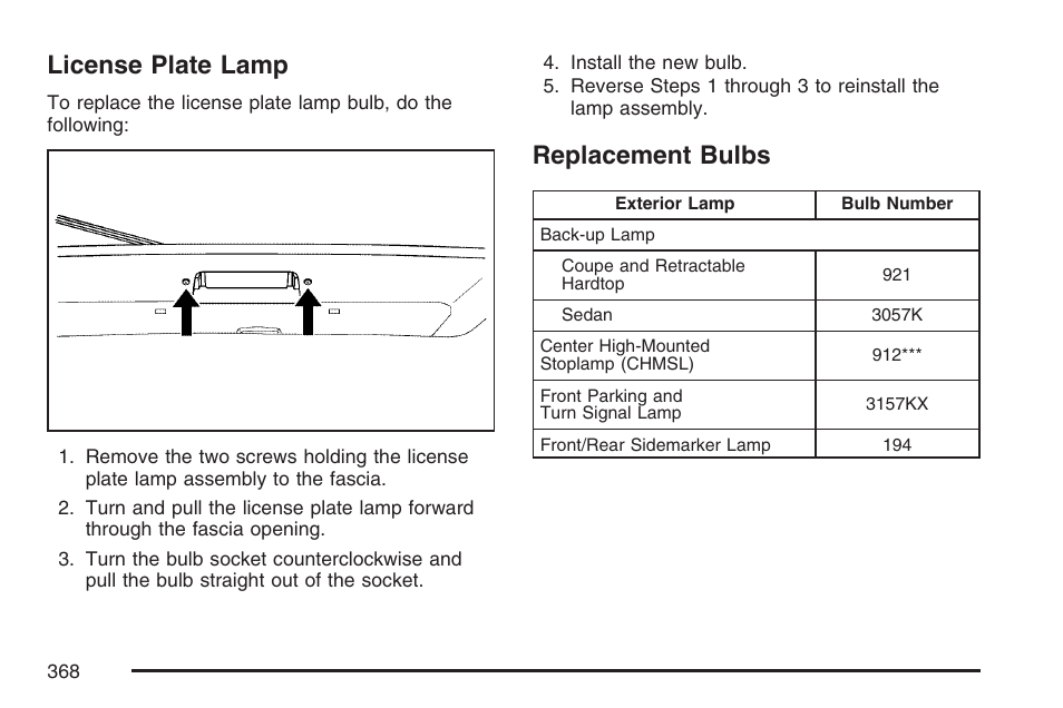 License plate lamp, Replacement bulbs, License plate lamp replacement bulbs | Pontiac 2007 G6 User Manual | Page 368 / 486