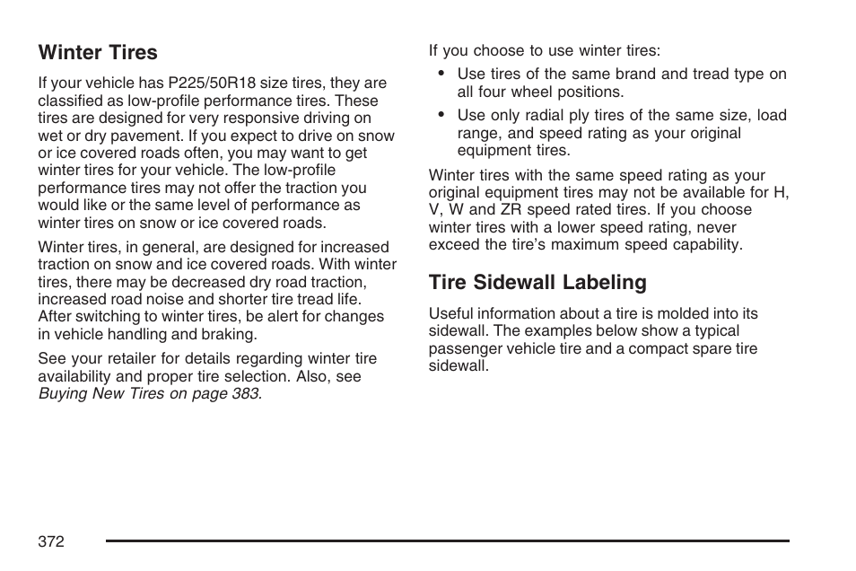 Winter tires, Tire sidewall labeling, Winter tires tire sidewall labeling | Pontiac 2007 G6 User Manual | Page 372 / 486