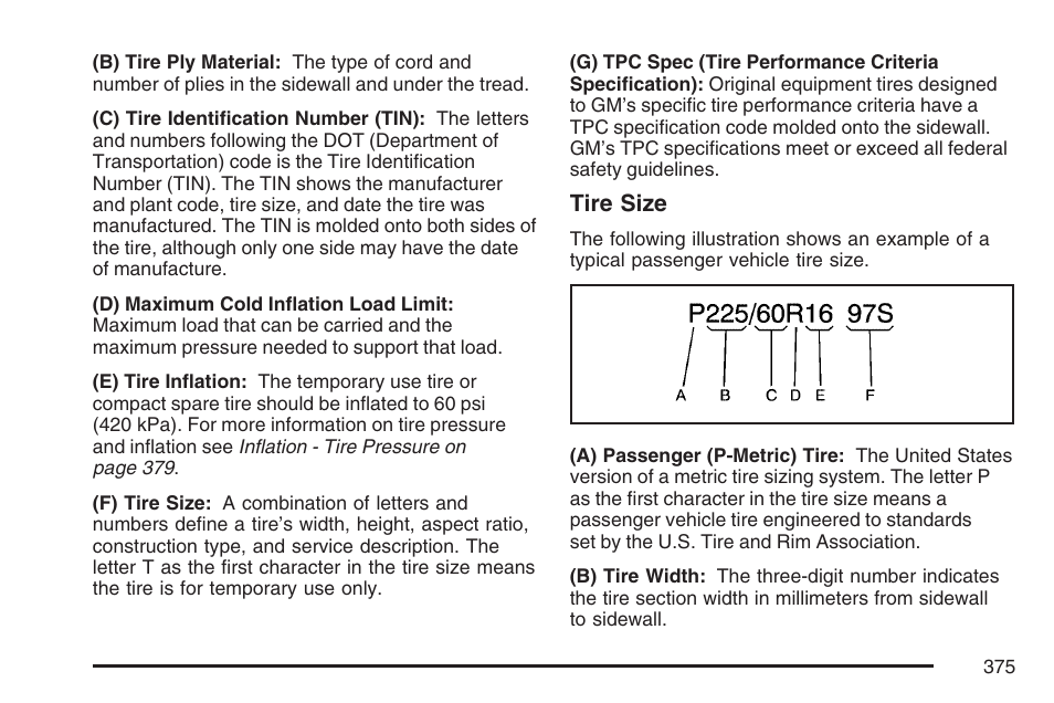 Tire size | Pontiac 2007 G6 User Manual | Page 375 / 486