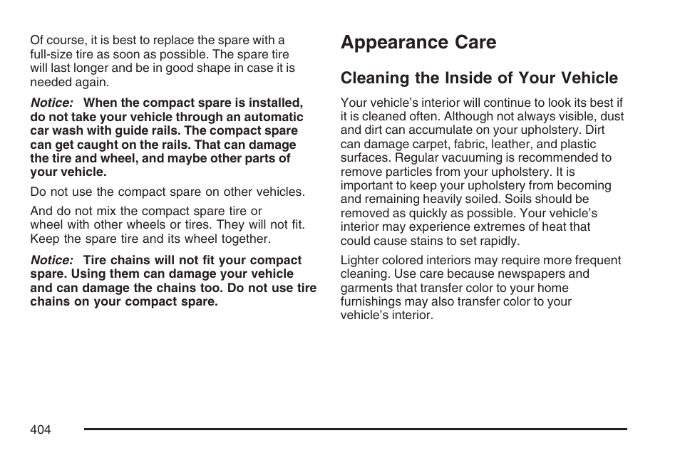Appearance care, Cleaning the inside of your vehicle | Pontiac 2007 G6 User Manual | Page 404 / 486